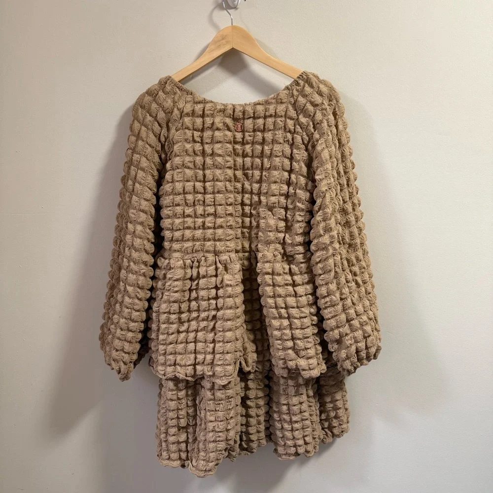 NWT Simply Southern Medium Tan Bubble Babydoll Dress Ruffle Long Sleeve Texture